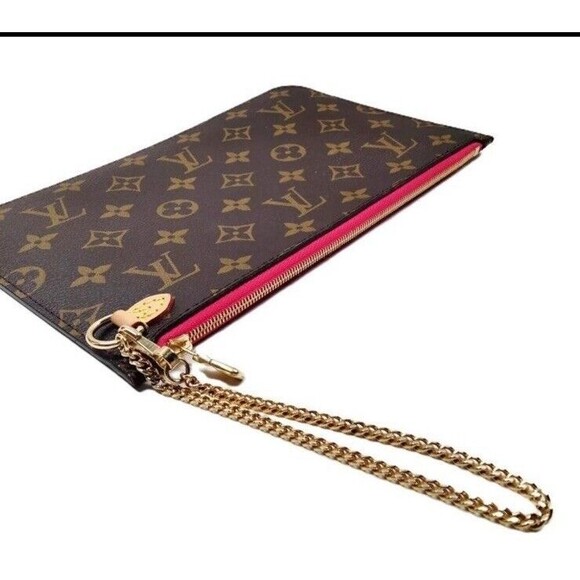 Louis Vuitton Monogram Neverfull MM GM Pochette Pivoine Wristlet Gold Chain MINT - Picture 4 of 10